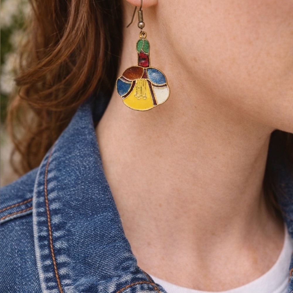 Vintage Cloisonné Enamel Floral Dangle Earrings Multi Colored Gold Tone - Picture 4 of 4